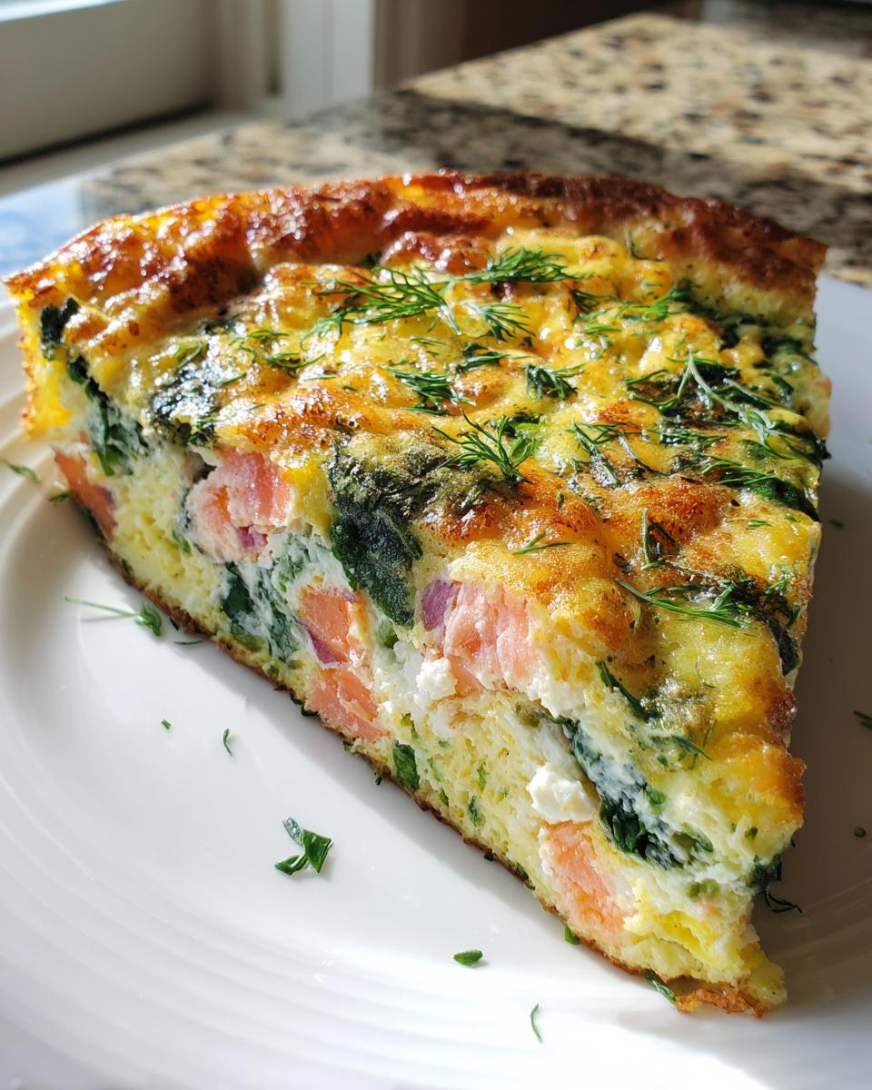 A thick, golden slice of smoked salmon frittata showing layers of pink salmon, green spinach, and topped with fresh dill.