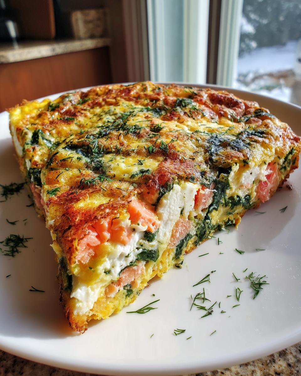 A thick slice of Smoked Salmon Frittata showing layers of pink salmon, white cheese, and green spinach, topped with fresh dill.