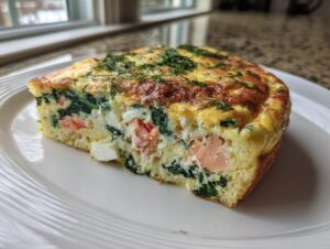 A thick, golden-brown slice of smoked salmon frittata filled with pink salmon and green spinach, topped with fresh dill.