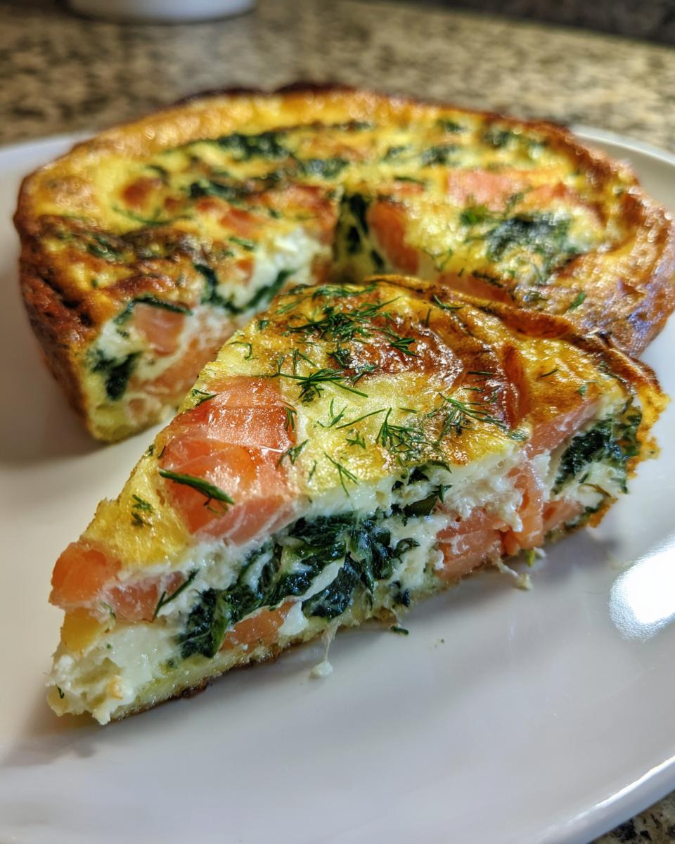 A thick slice of smoked salmon frittata, layered with smoked salmon and spinach, garnished with fresh dill.