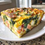 A thick slice of Smoked Salmon Frittata showing layers of pink salmon, green spinach, and baked egg on a white plate.