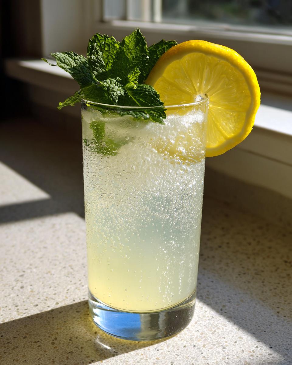 A tall glass filled with fizzy, pale yellow sparkling lemonade, garnished with fresh mint and a lemon slice.