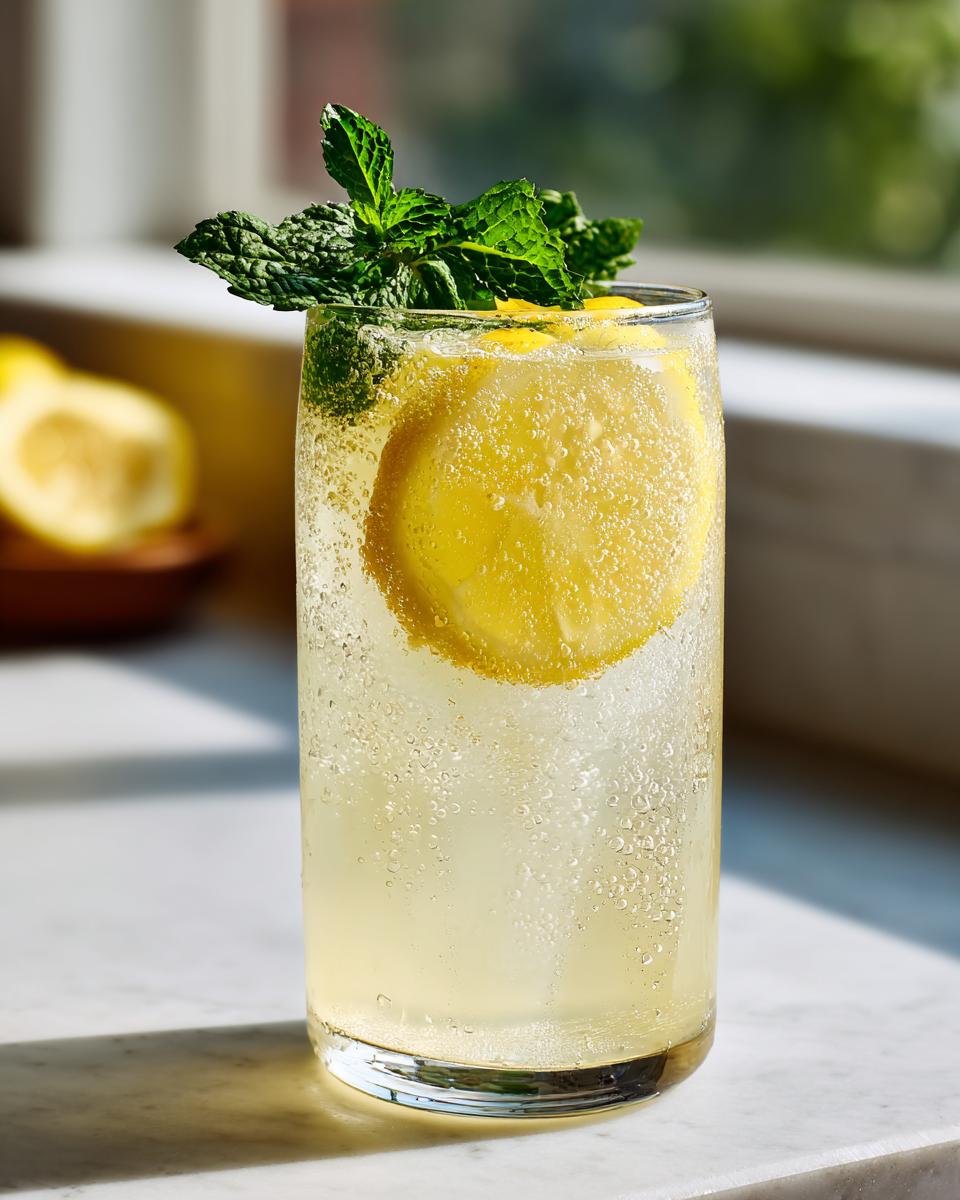 A tall glass filled with bubbly sparkling lemonade, garnished with a lemon slice and fresh mint sprigs.