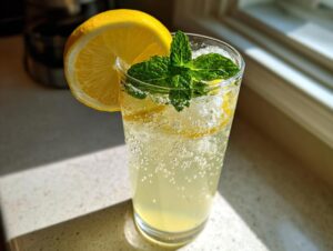 A tall glass filled with bubbly sparkling lemonade, garnished with a lemon slice and fresh mint leaves.