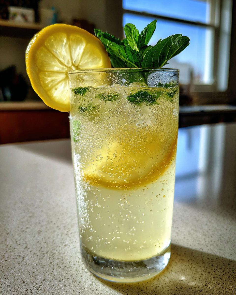 Close-up of a tall glass filled with bubbly sparkling lemonade, garnished with a lemon slice and fresh mint.
