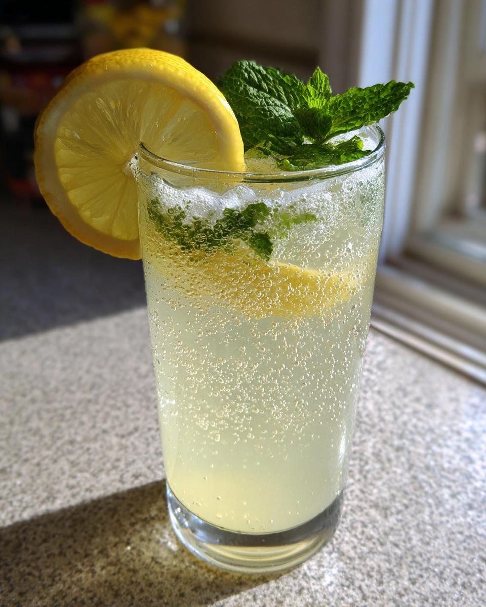 A tall glass filled with fizzy sparkling lemonade, garnished with a lemon slice and fresh mint leaves.