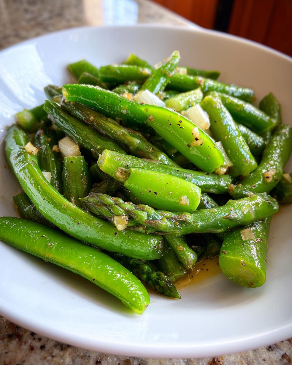 Close-up of a vibrant Spring vegetable saute featuring bright green snap peas and asparagus tossed with garlic.