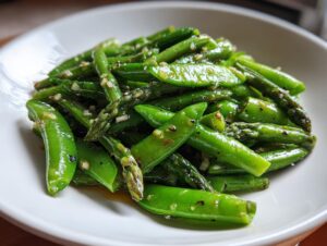 Close-up of bright green snap peas and asparagus spears in a quick Spring vegetable saute, seasoned with garlic.