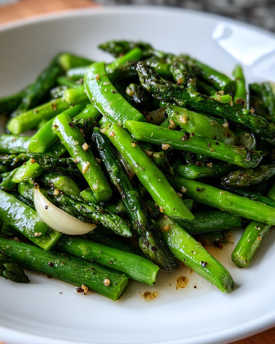Close-up of a vibrant Spring vegetable saute featuring bright green asparagus spears and snap peas seasoned with garlic and pepper.