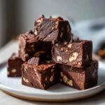 A stack of rich, dark chocolate nutty fudge squares studded with visible pieces of walnuts on a white plate.