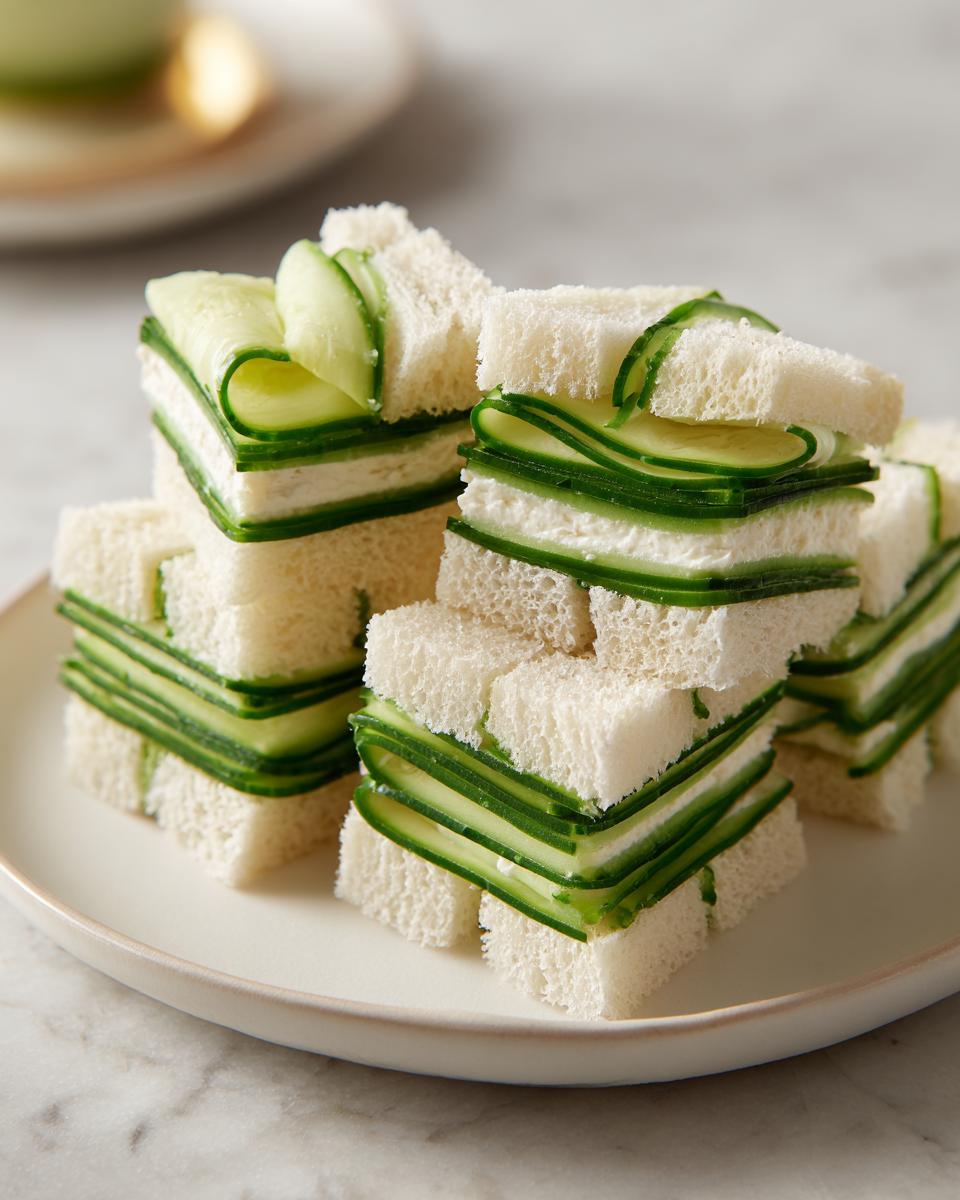 Close-up of stacked, crustless cucumber tea sandwiches filled with cream cheese and thinly sliced cucumber.