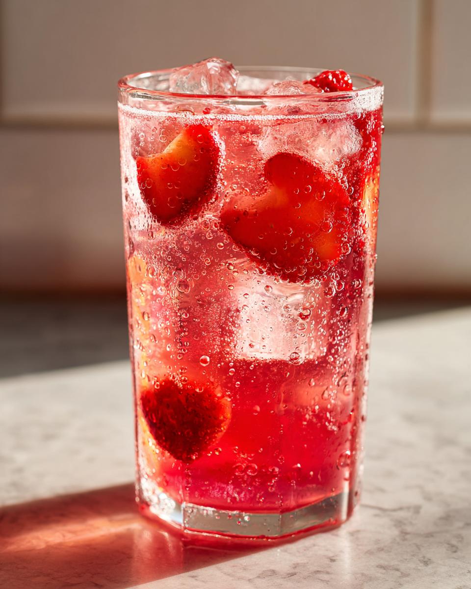 Close-up of a tall, sweating glass filled with bright red Strawberry Lemonade, ice cubes, and fresh strawberry slices.
