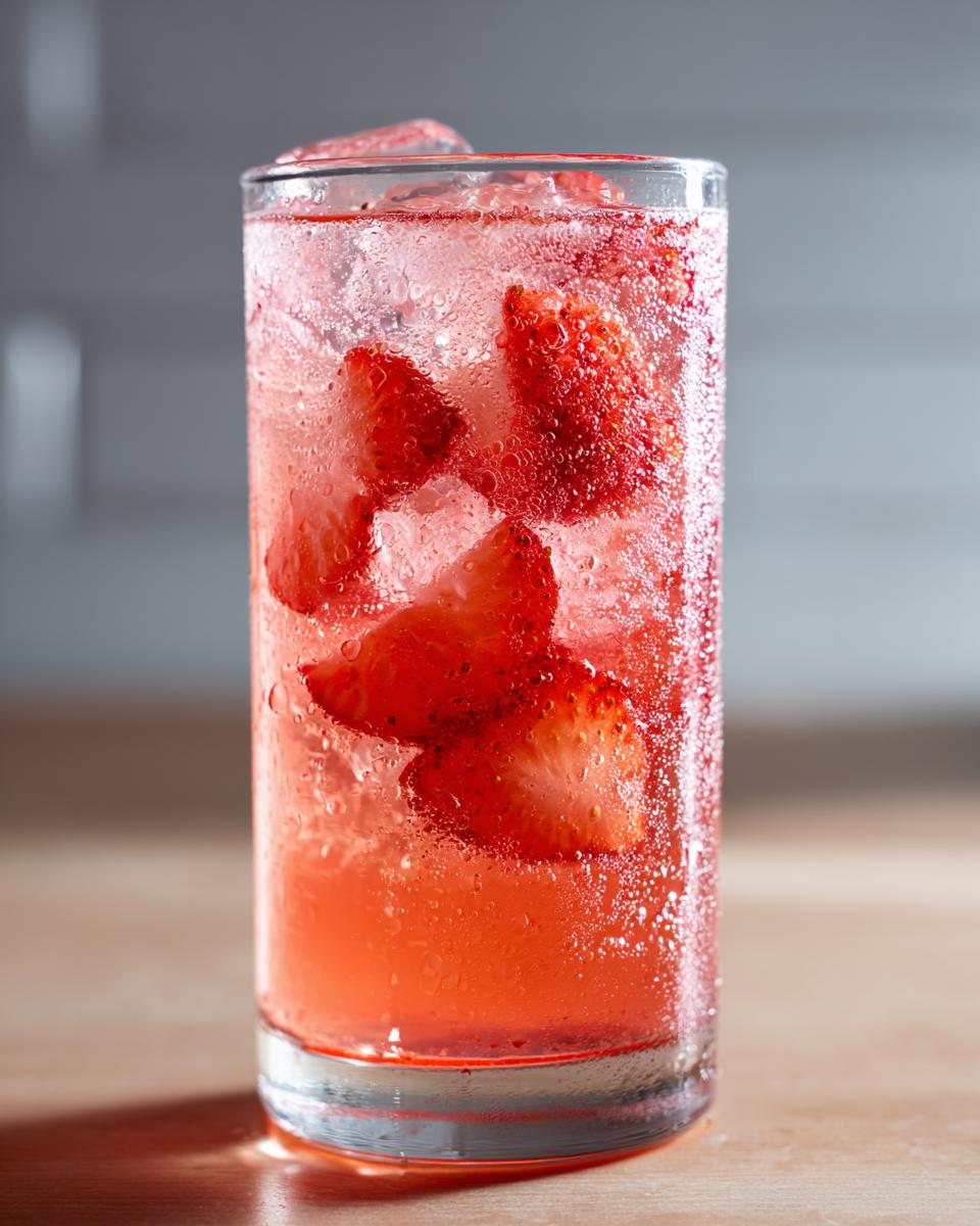 Close-up of a tall, sweating glass filled with sparkling Strawberry Lemonade and fresh strawberry slices.