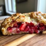A cross-section view showing the juicy strawberry and rhubarb filling inside a golden, flaky crust of a strawberry rhubarb galette.