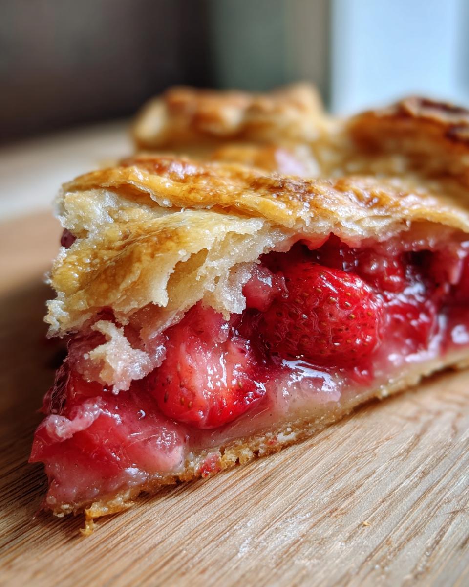 A close-up, cross-section view of a slice of Strawberry Rhubarb Galette showing flaky crust and juicy strawberry filling.