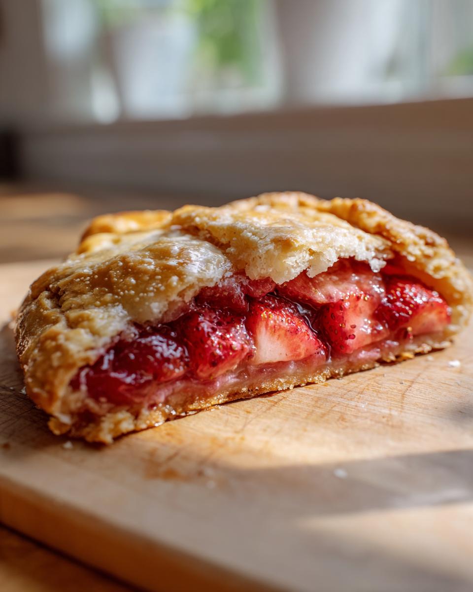 Close-up of a slice of strawberry rhubarb galette with flaky crust and glistening red filling.
