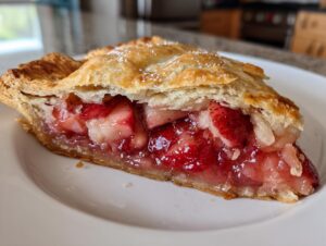 Close-up of a slice of Strawberry Rhubarb Galette showing juicy filling and flaky, golden crust dusted with sugar.