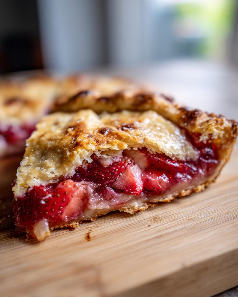 A close-up view of a slice of Strawberry Rhubarb Galette showing the flaky crust and juicy strawberry filling.