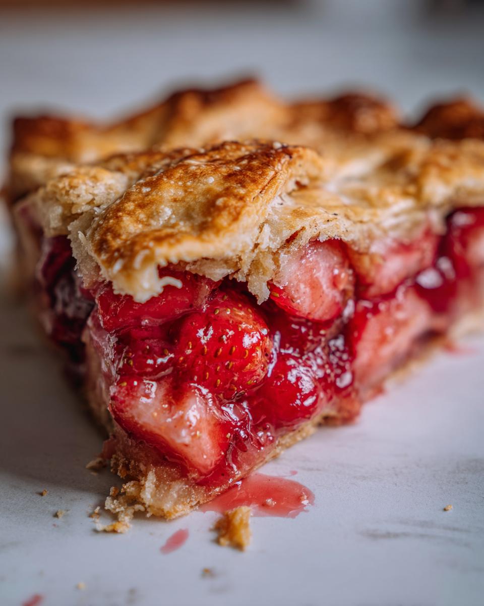 A close-up, mouth-watering slice of Strawberry Rhubarb Galette showing the juicy strawberry filling and golden, flaky crust.