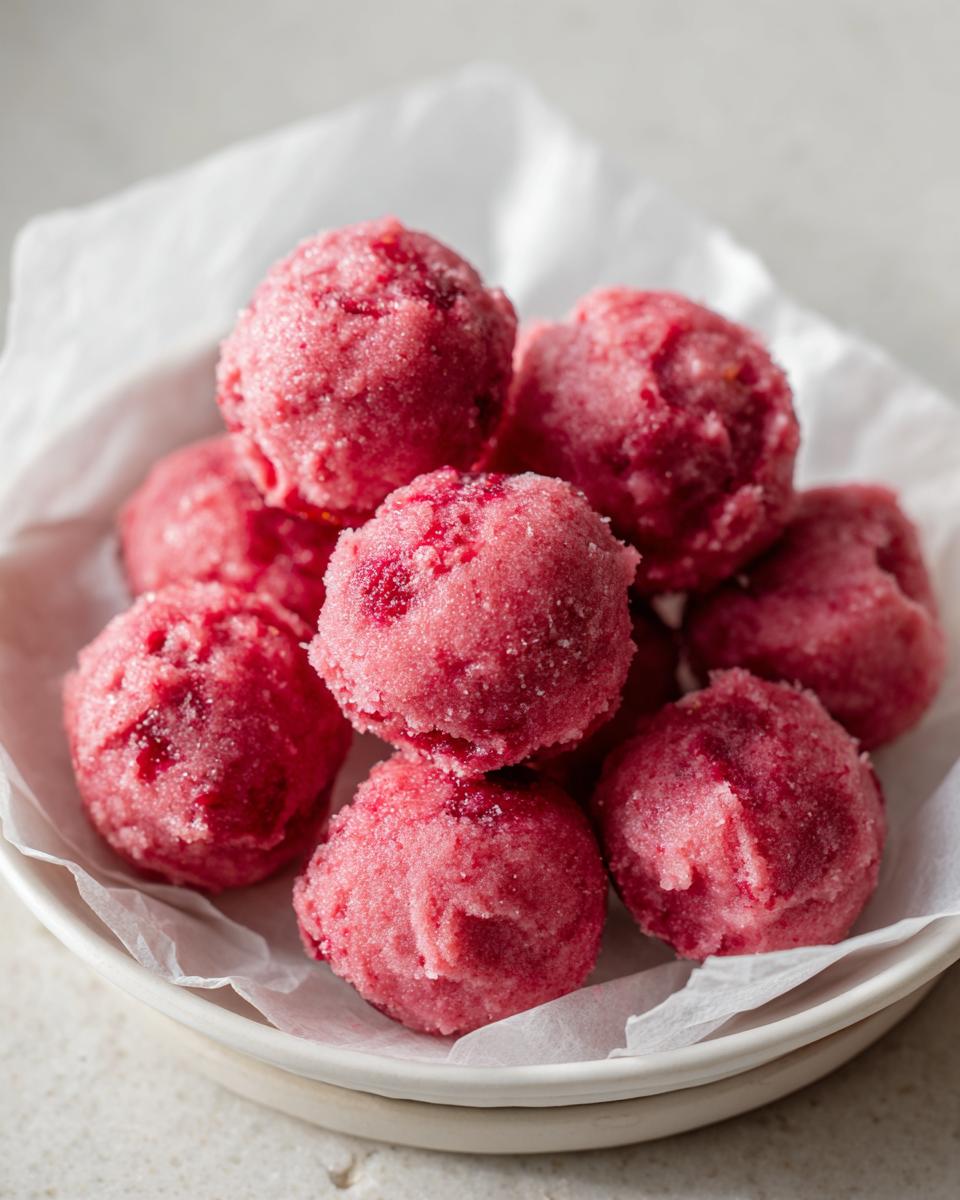 Close-up of several bright pink, sugar-dusted Strawberry yogurt bites piled high on a white plate.