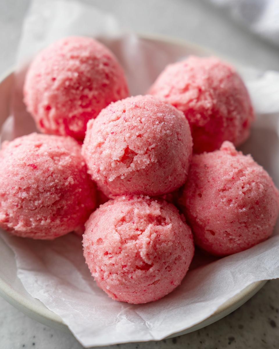 A close-up of several bright pink Strawberry yogurt bites piled in a small bowl lined with parchment paper.