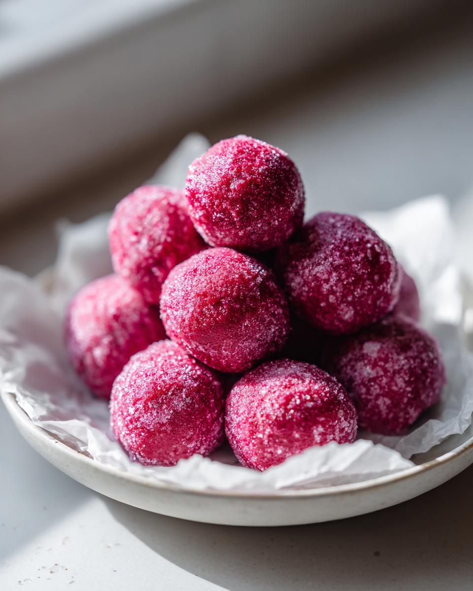 A close-up shot of a small pile of bright pink, frozen Strawberry yogurt bites dusted with sugar.