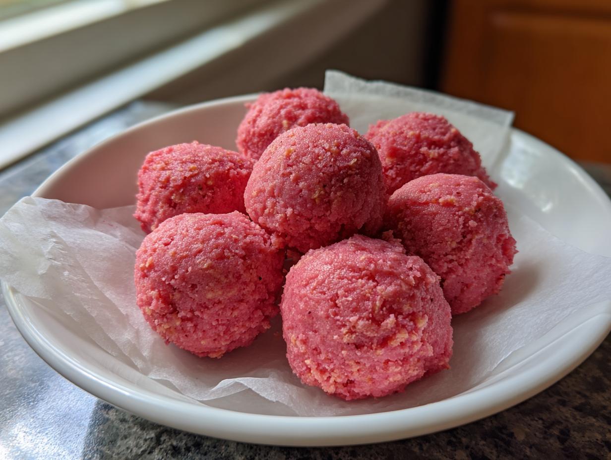 A white bowl filled with six bright pink, textured strawberry yogurt bites resting on parchment paper.