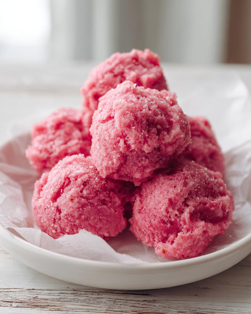 A stack of bright pink, slightly coarse Strawberry yogurt bites dusted with sugar, served on white parchment paper in a white bowl.