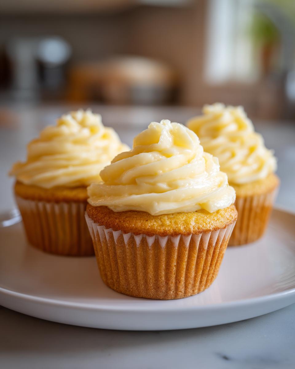 Three delicious lemon cupcakes topped with thick, swirled yellow frosting, sitting on a white plate.