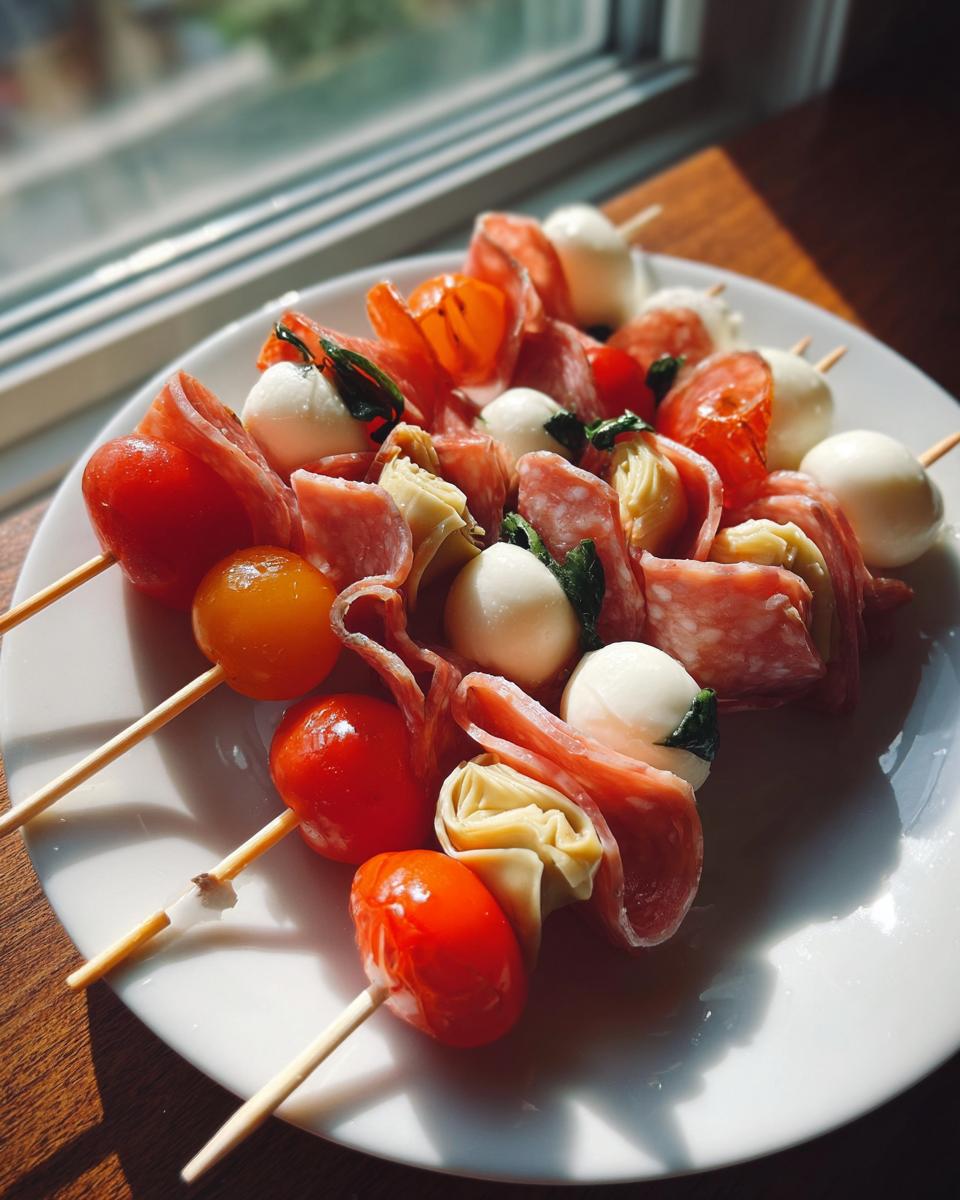 Close-up of several Antipasto skewers featuring cherry tomatoes, salami, mozzarella balls, and marinated artichoke hearts.