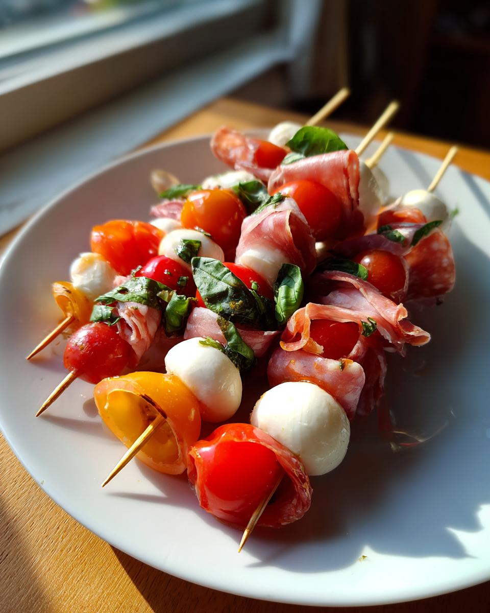 A plate piled high with colorful Antipasto skewers featuring cherry tomatoes, mozzarella balls, cured meats, and basil.