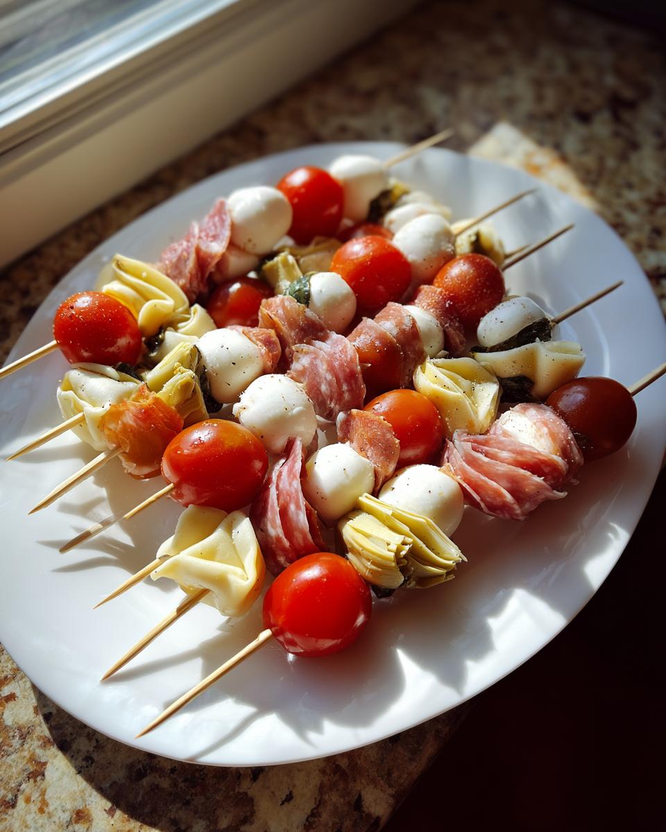 A white plate filled with several colorful antipasto skewers featuring cherry tomatoes, mozzarella balls, salami, tortellini, and artichoke hearts.