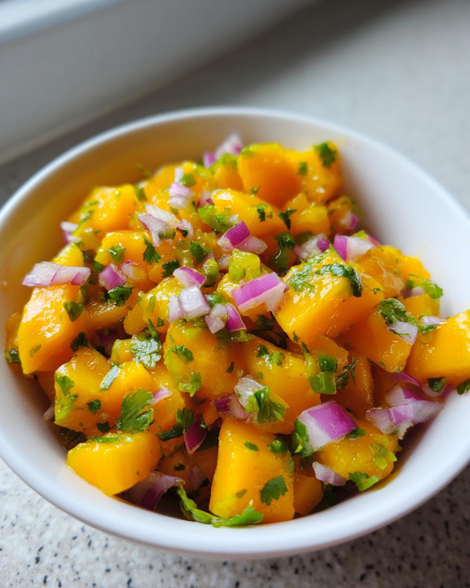 Close-up of bright, chunky Mango Salsa featuring diced mango, red onion, and cilantro.