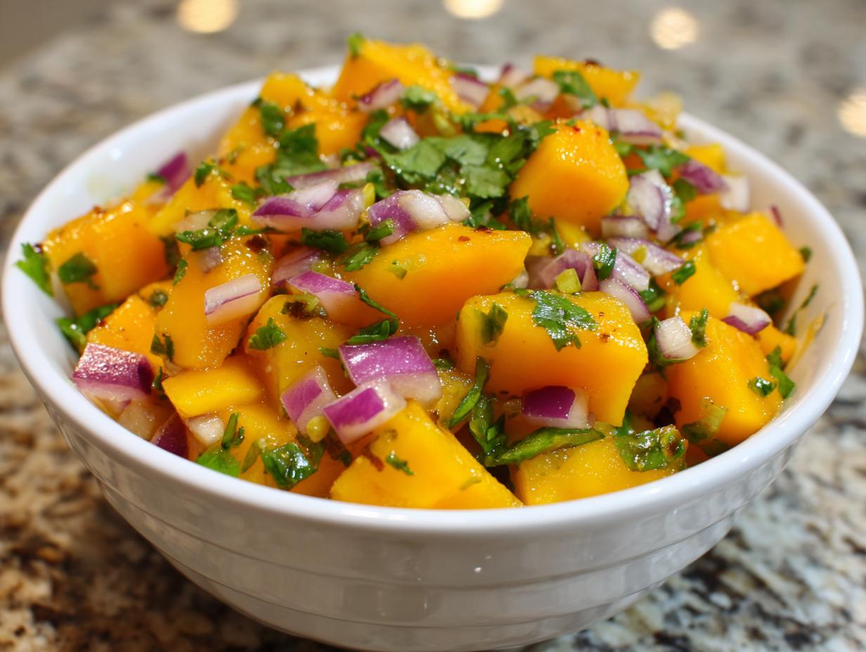 Close-up of bright orange Mango salsa featuring diced mango, red onion, and cilantro in a white bowl.