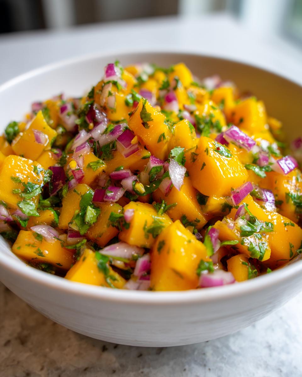 Close-up of vibrant homemade Mango salsa featuring diced mango, red onion, and cilantro in a white bowl.