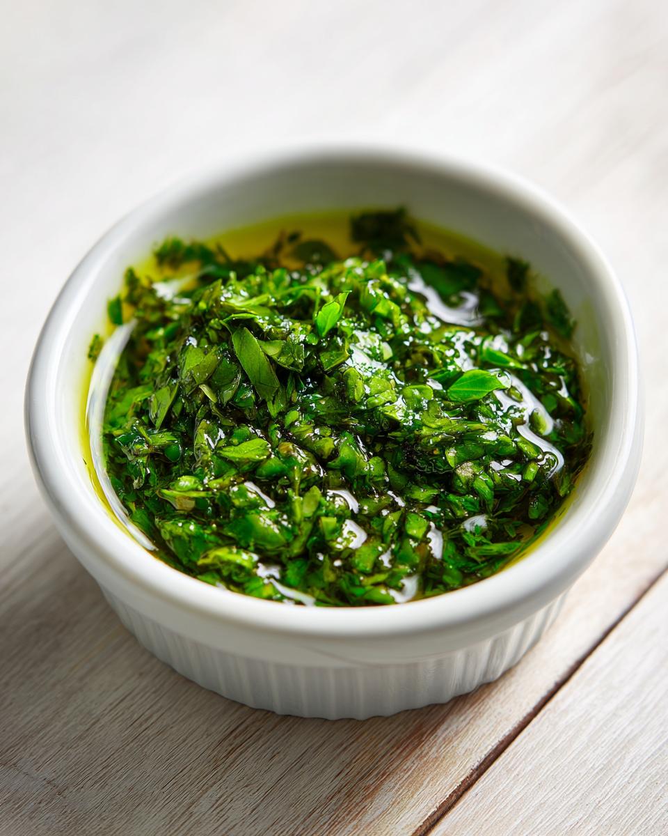Close-up of bright green, coarsely chopped homemade mint sauce glistening with oil in a small white bowl.