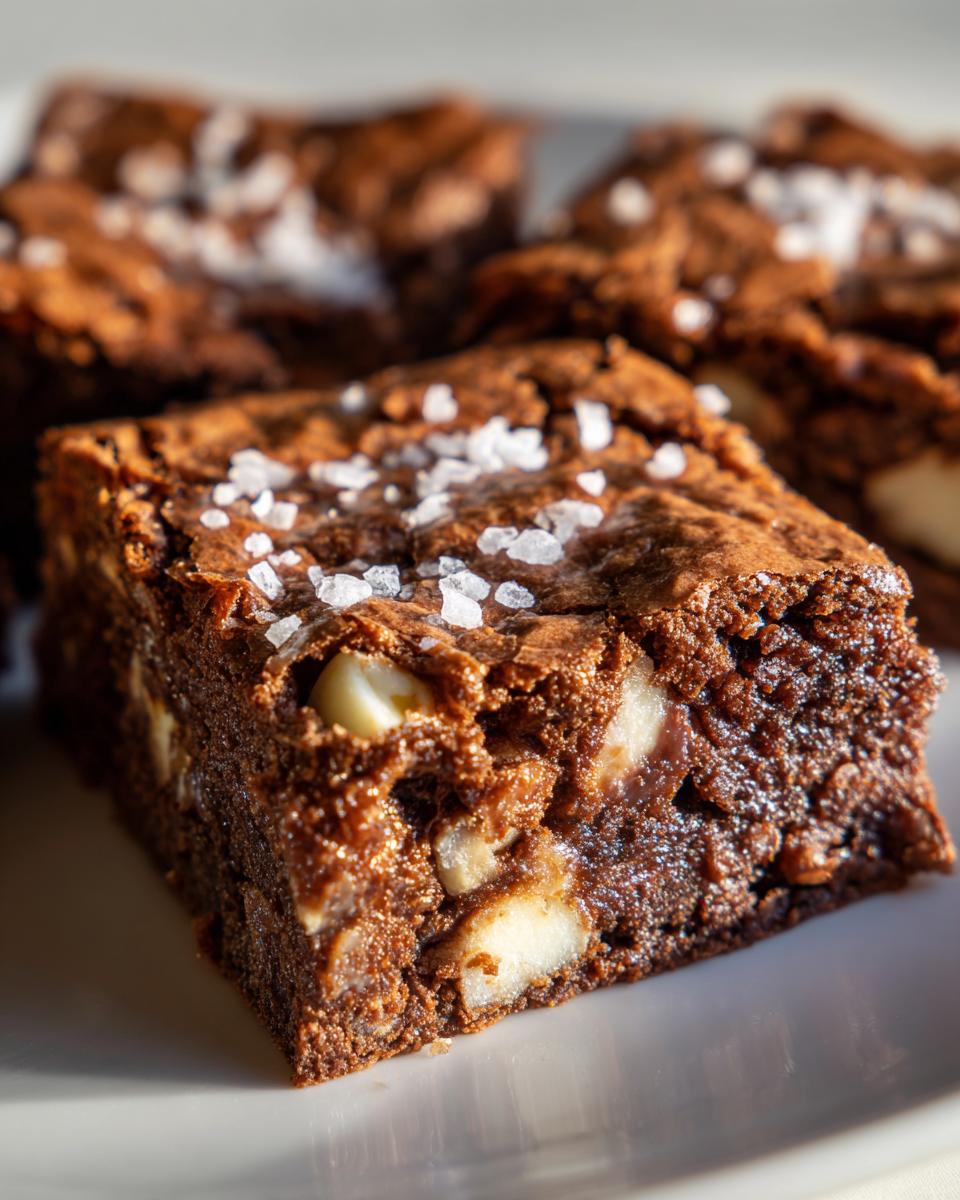 Close-up of a fudgy, dark chocolate blondie studded with white chocolate chunks and topped with flaky sea salt.